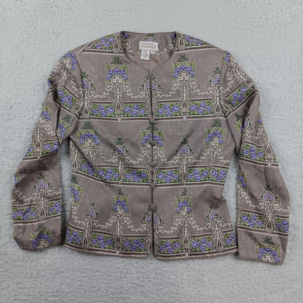 Adrianna Papell Silk Jacket Womens 10 Taupe Floral Art Nouveau Tapestry Evening